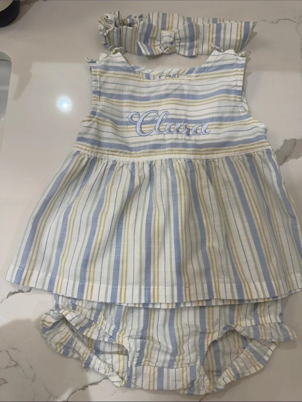 Carter’s Blue/Yellow/White/Sage Dress/Bloomer/Headband Set Monogrammed ‘Clara’